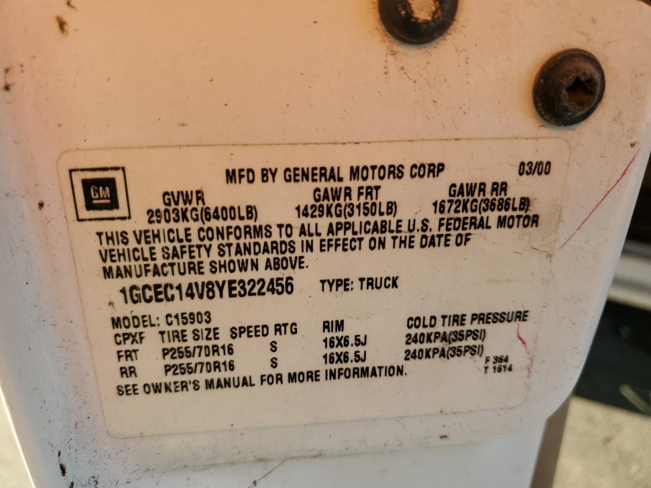 2000 Chevrolet Silverado C1500 VIN: 1GCEC14V8YE322456 Lot: 93233105