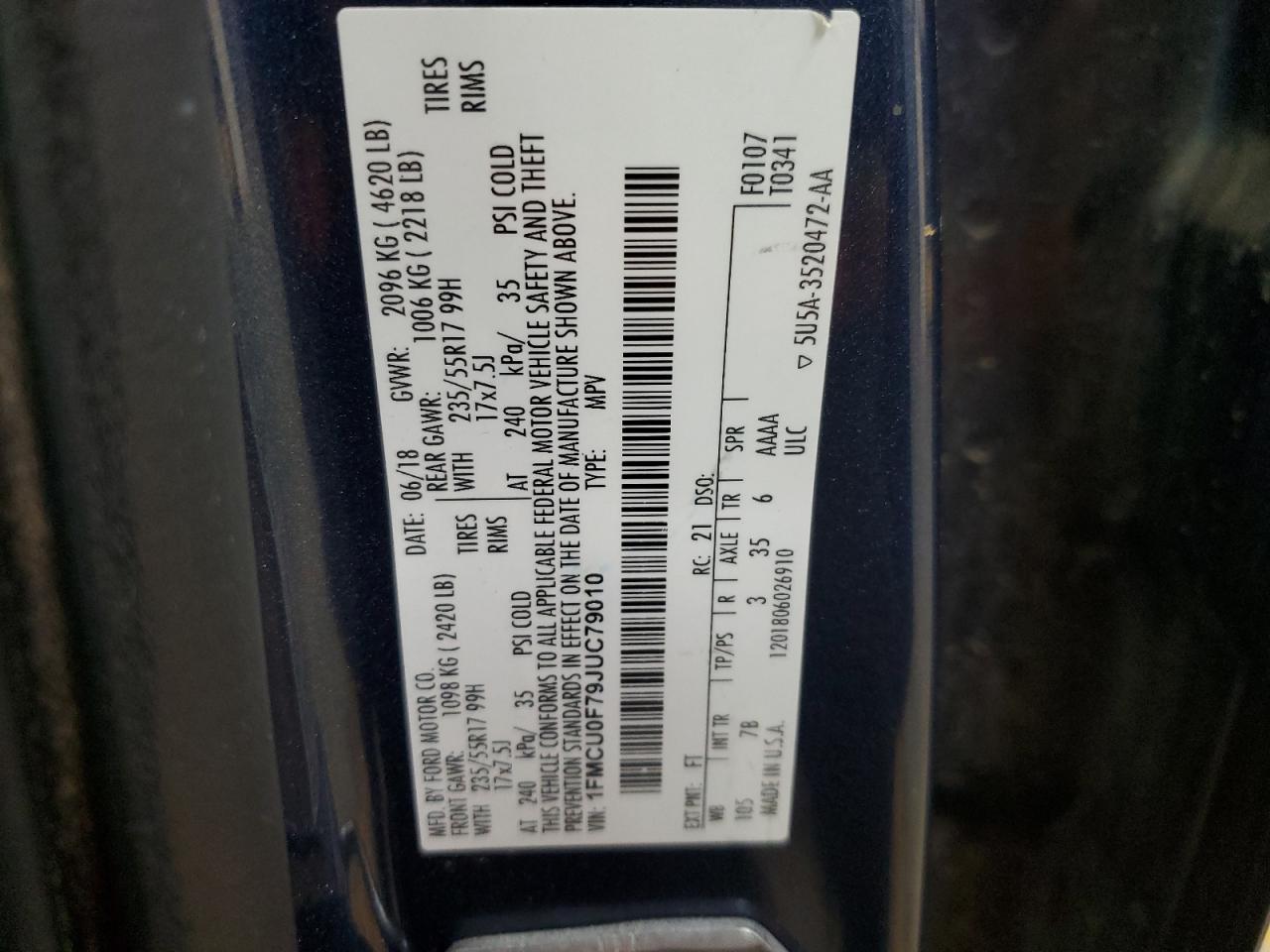 2018 Ford Escape S VIN: 1FMCU0F79JUC79010 Lot: 93397815