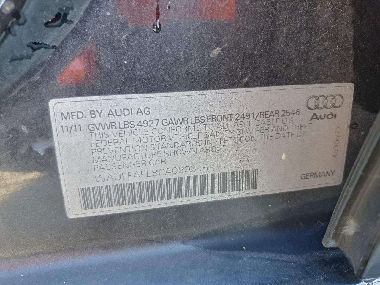 2012 Audi A4 Premium Plus VIN: WAUFFAFL8CA090316 Lot: 93686915