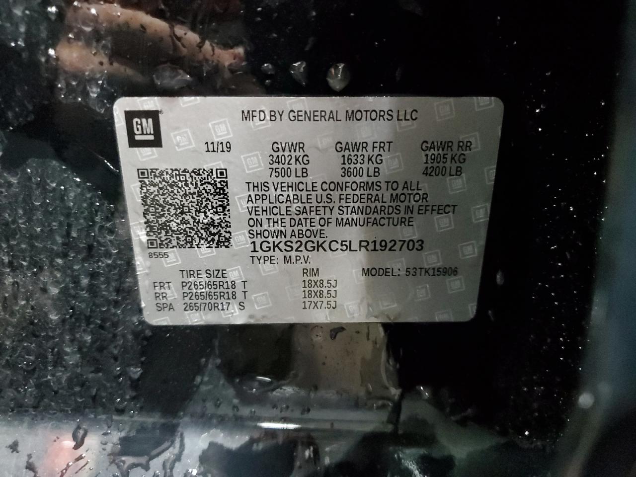 2020 GMC Yukon Xl K1500 Slt VIN: 1GKS2GKC5LR192703 Lot: 91317955