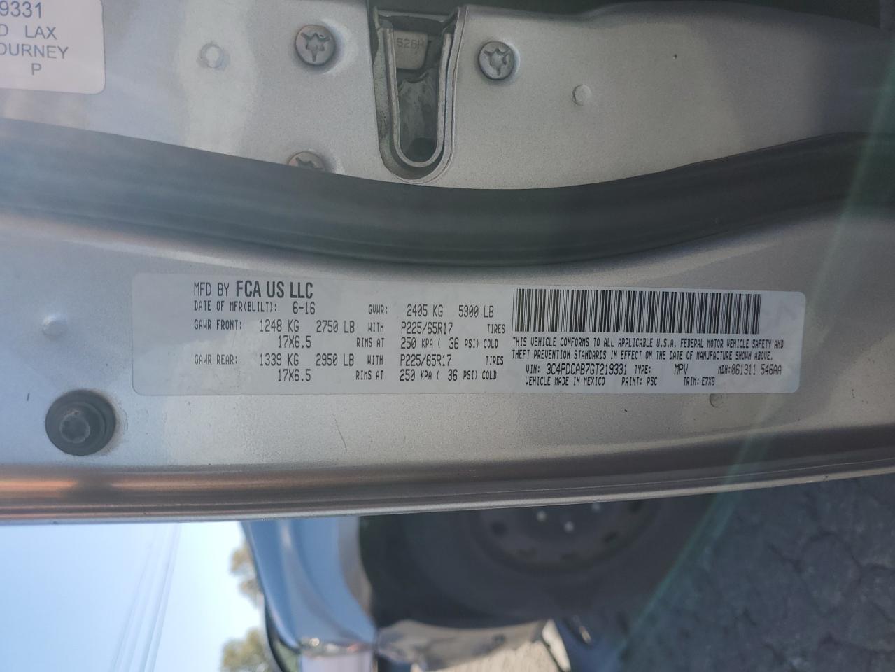 2016 Dodge Journey Se VIN: 3C4PDCAB7GT219331 Lot: 91294825