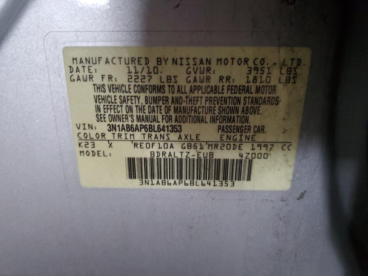 2011 Nissan Sentra 2.0 VIN: 3N1AB6AP6BL641353 Lot: 85433035