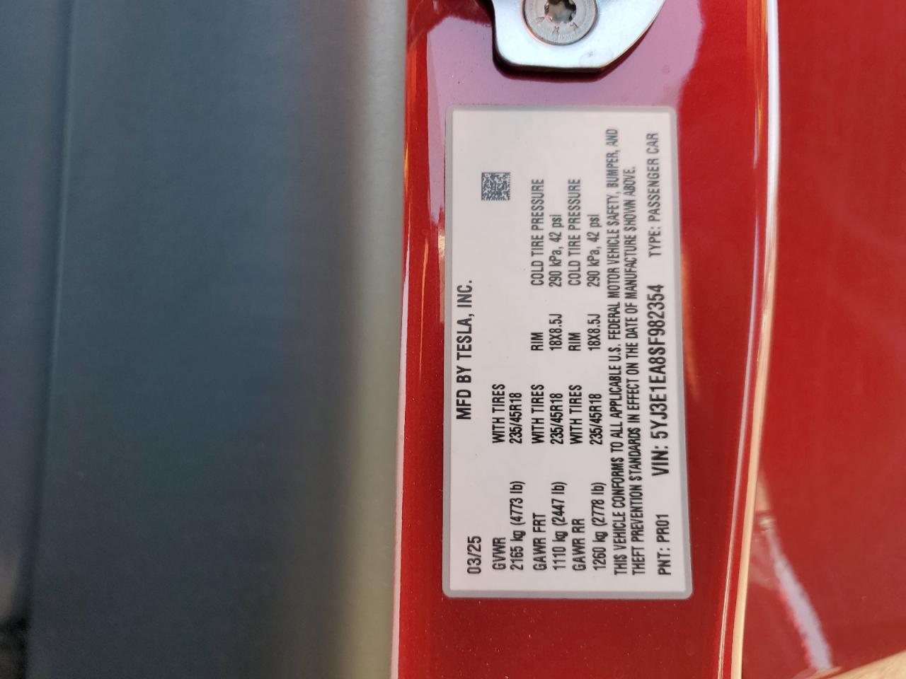 2025 Tesla Model 3 VIN: 5YJ3E1EA8SF982354 Lot: 91631275