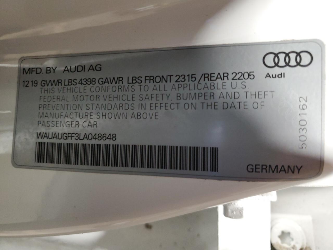 2020 Audi A3 Premium VIN: WAUAUGFF3LA048648 Lot: 92658535