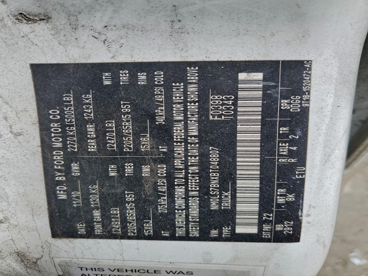 2011 Ford Transit Connect Xlt VIN: NM0LS7BNXBT048807 Lot: 94075025