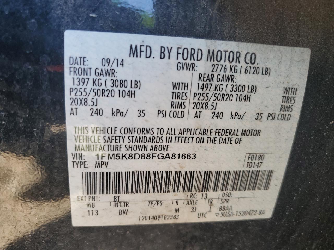 2015 Ford Explorer Xlt VIN: 1FM5K8D88FGA81663 Lot: 93126015