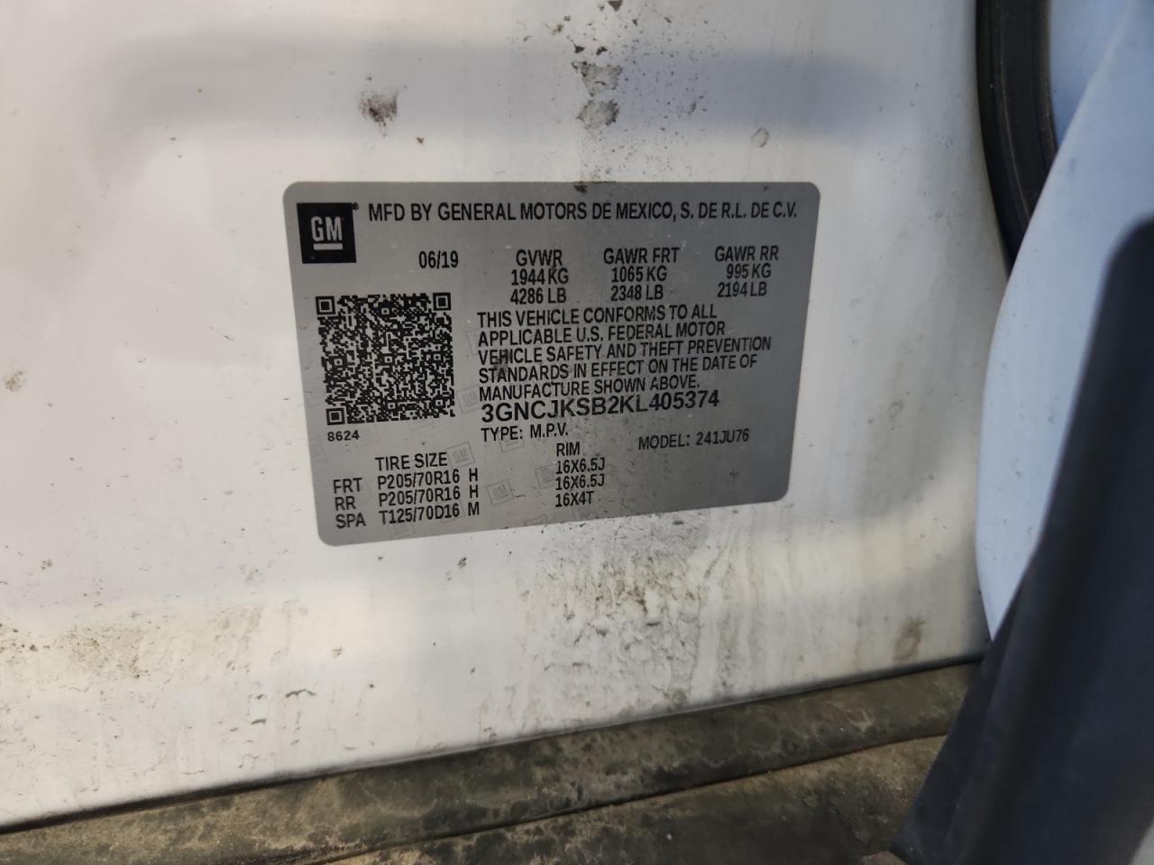 2019 Chevrolet Trax Ls VIN: 3GNCJKSB2KL405374 Lot: 92185055