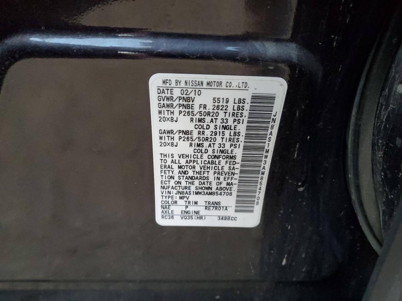 2010 Infiniti Fx35 VIN: JN8AS1MW3AM854708 Lot: 92222005