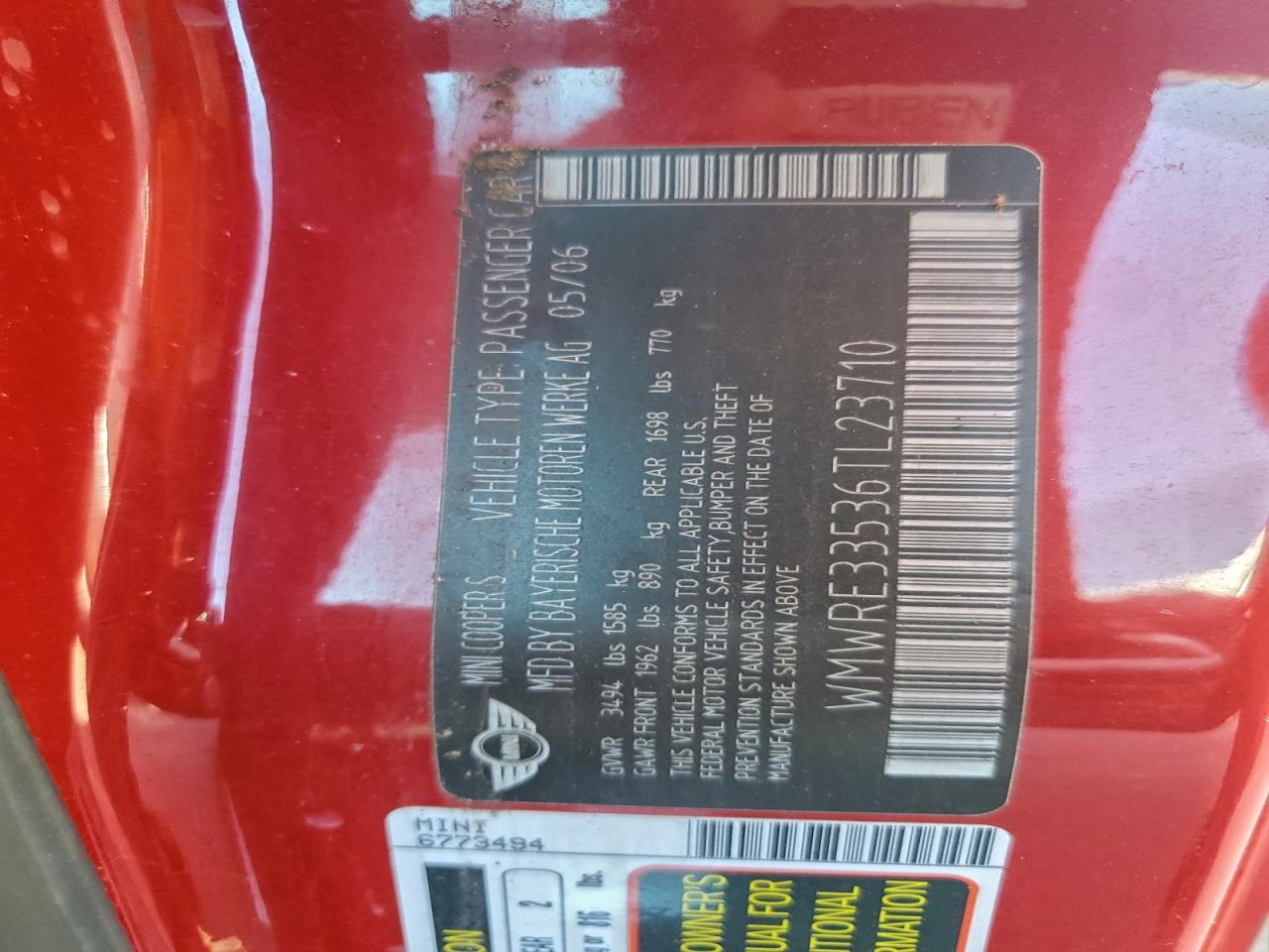 2006 Mini Cooper S VIN: WMWRE33536TL23710 Lot: 94144865