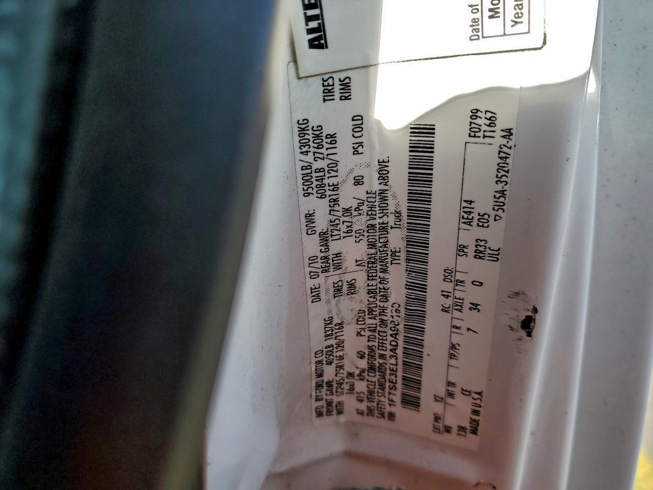 2010 Ford Econoline E350 Super Duty Van VIN: 1FTSE3EL3ADA98160 Lot: 94085945