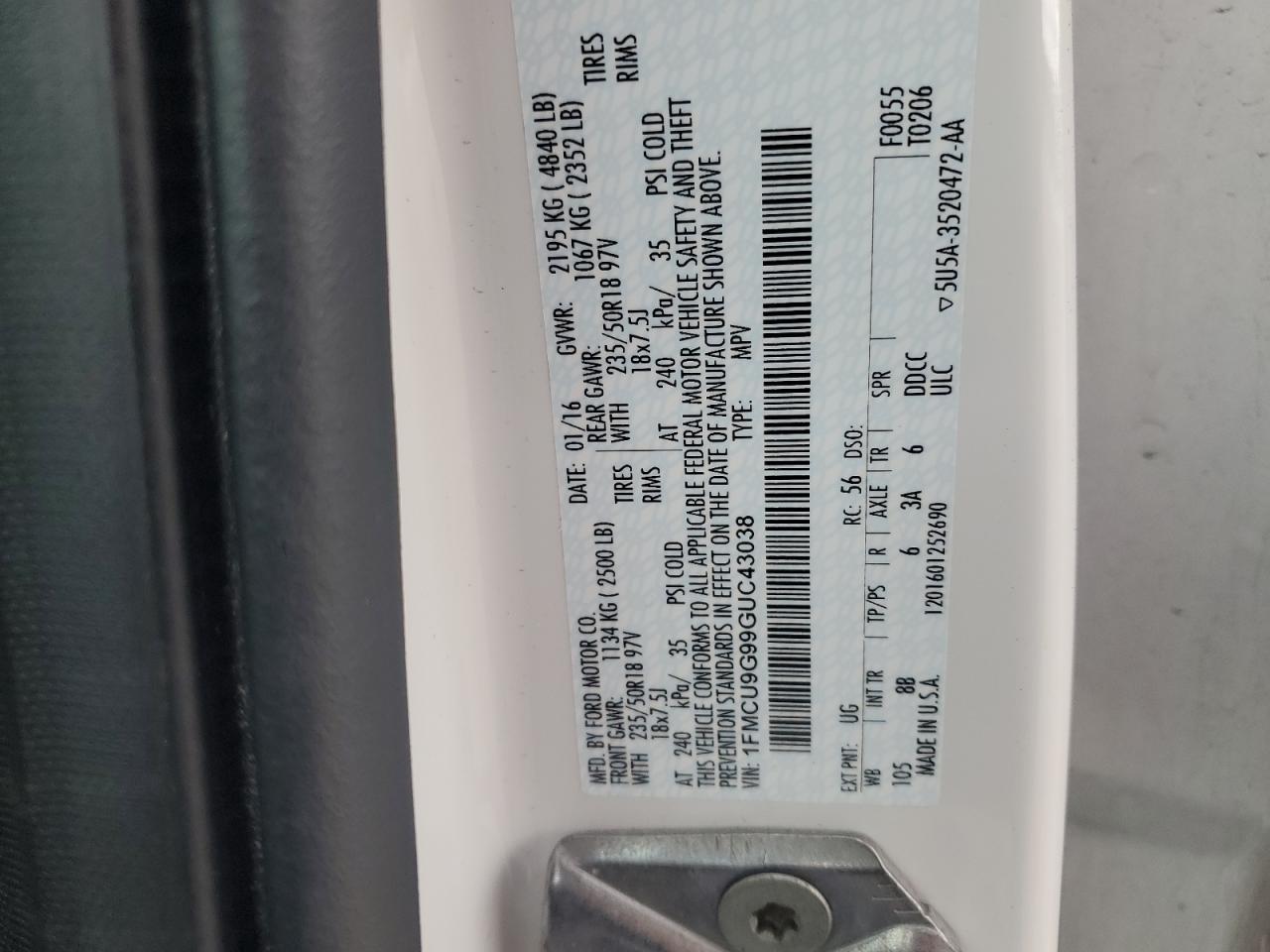 2016 Ford Escape Se VIN: 1FMCU9G99GUC43038 Lot: 93023305