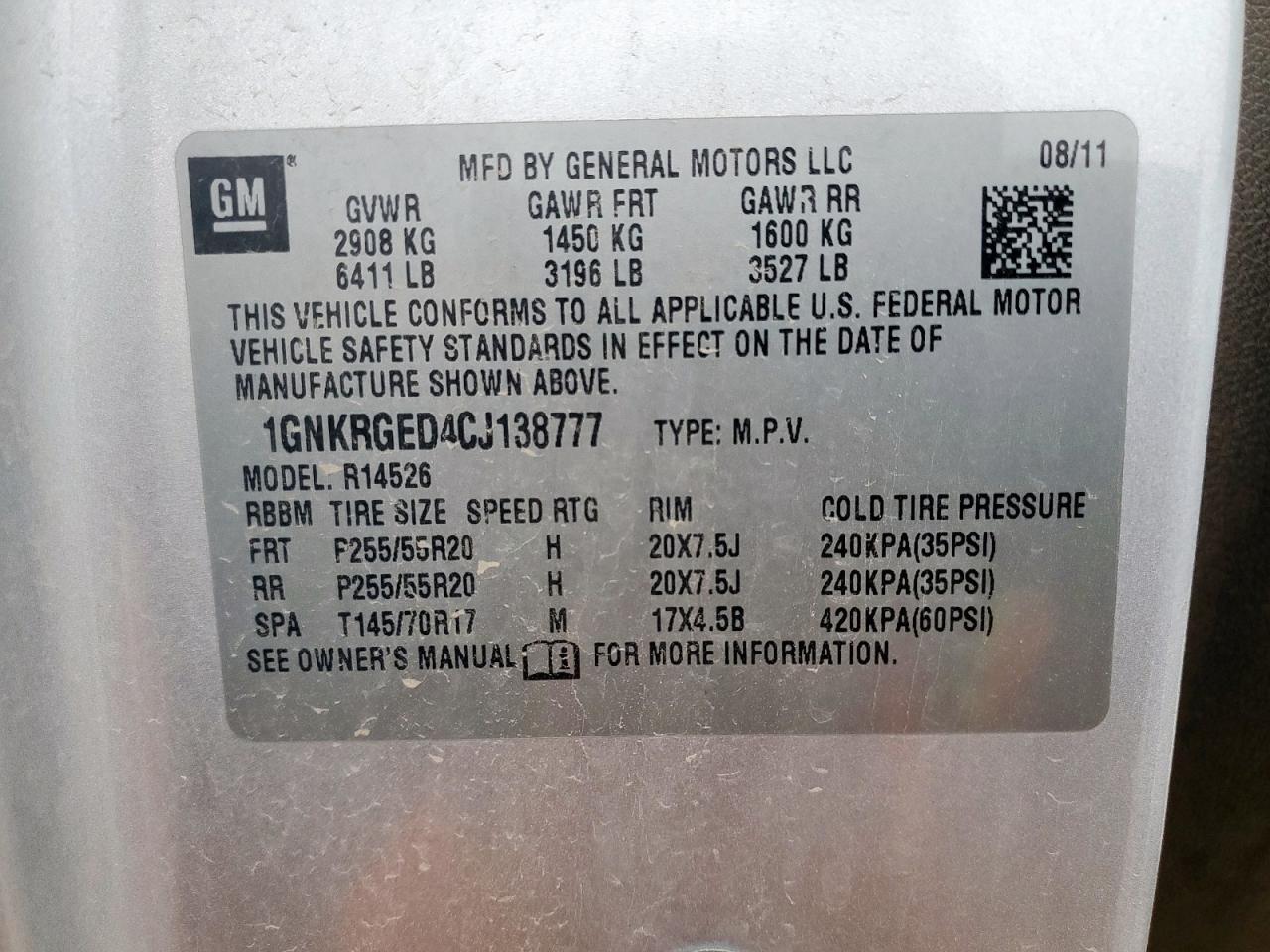 2012 Chevrolet Traverse Lt VIN: 1GNKRGED4CJ138777 Lot: 93027425