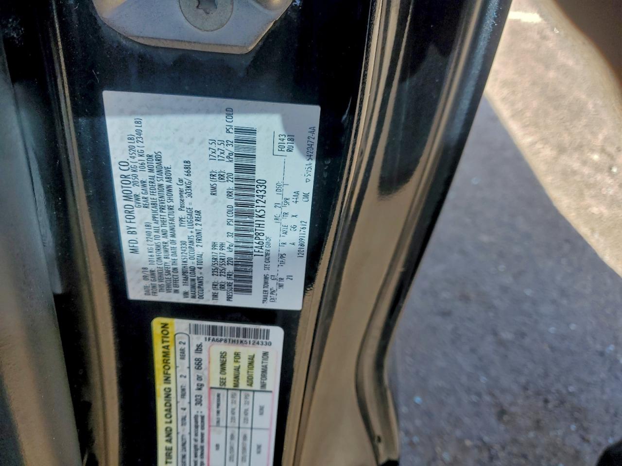 2019 Ford Mustang VIN: 1FA6P8TH1K5124330 Lot: 94096415