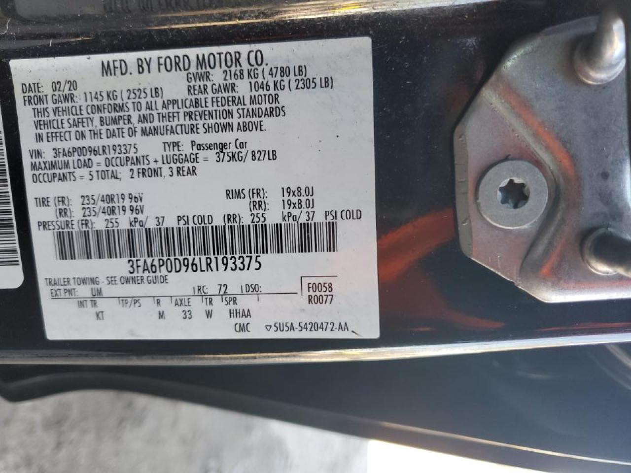 2020 Ford Fusion Titanium VIN: 3FA6P0D96LR193375 Lot: 90729465