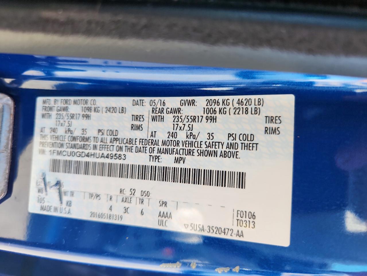 2017 Ford Escape Se VIN: 1FMCU0GD4HUA49583 Lot: 90859915