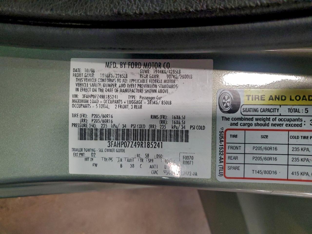 2009 Ford Fusion Se VIN: 3FAHP07Z49R185241 Lot: 93982625