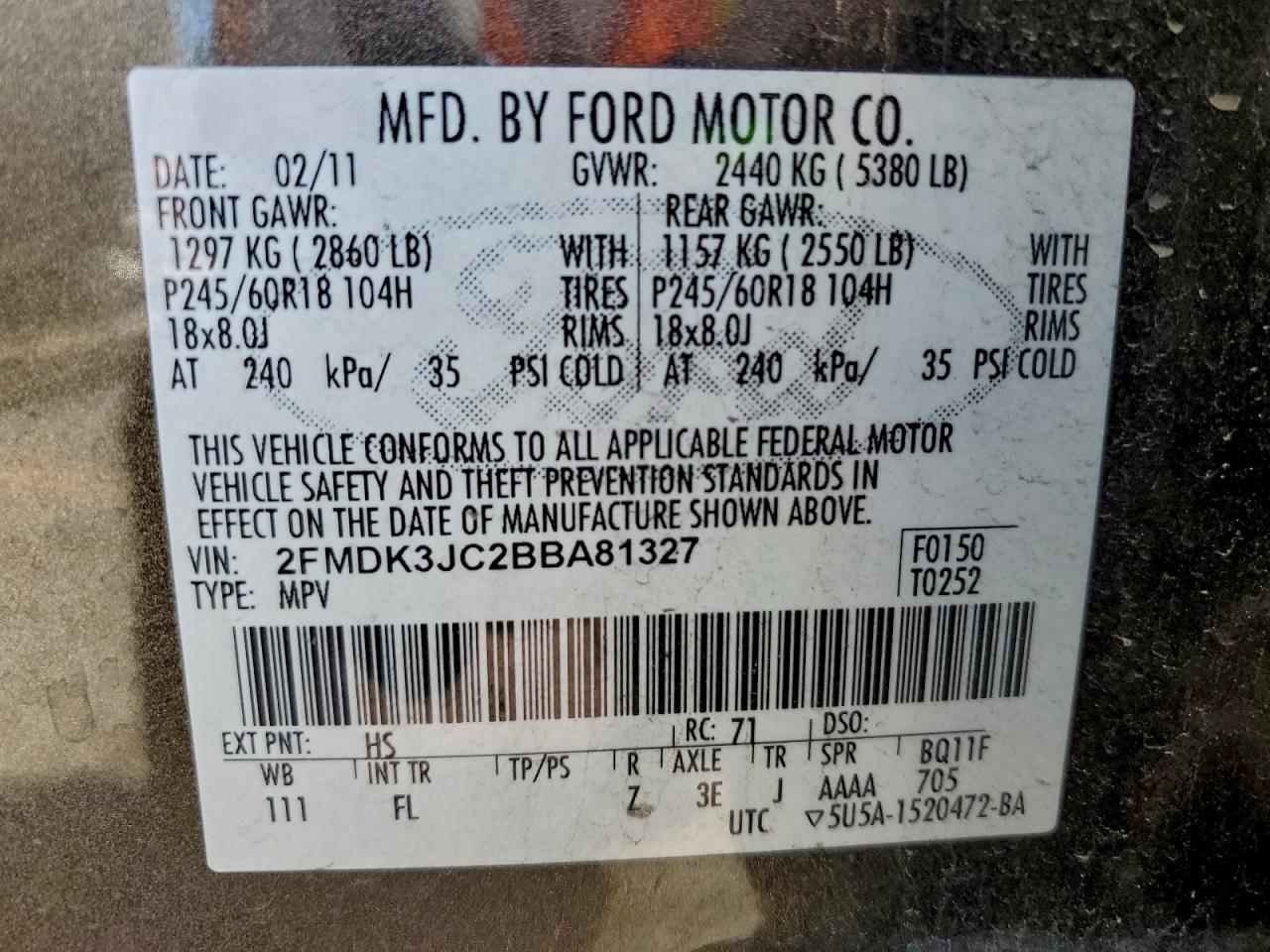 2011 Ford Edge Sel VIN: 2FMDK3JC2BBA81327 Lot: 93706725