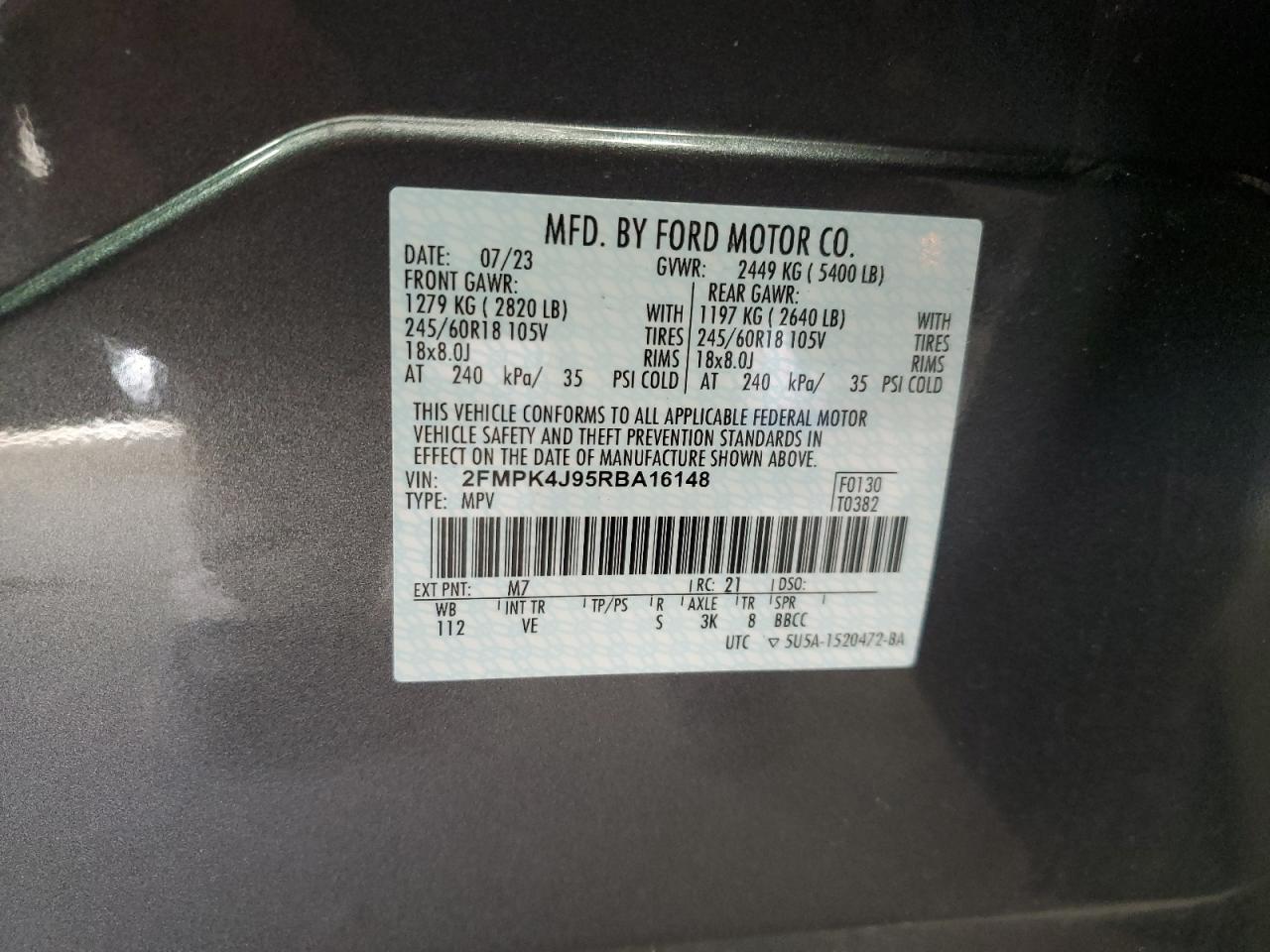 2024 Ford Edge Sel VIN: 2FMPK4J95RBA16148 Lot: 92073085