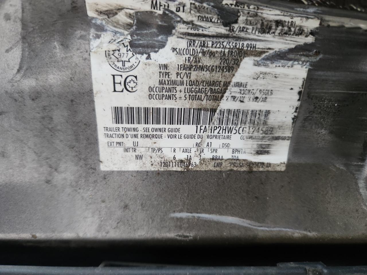 2012 Ford Taurus Sel VIN: 1FAHP2HW5CG124589 Lot: 93610245