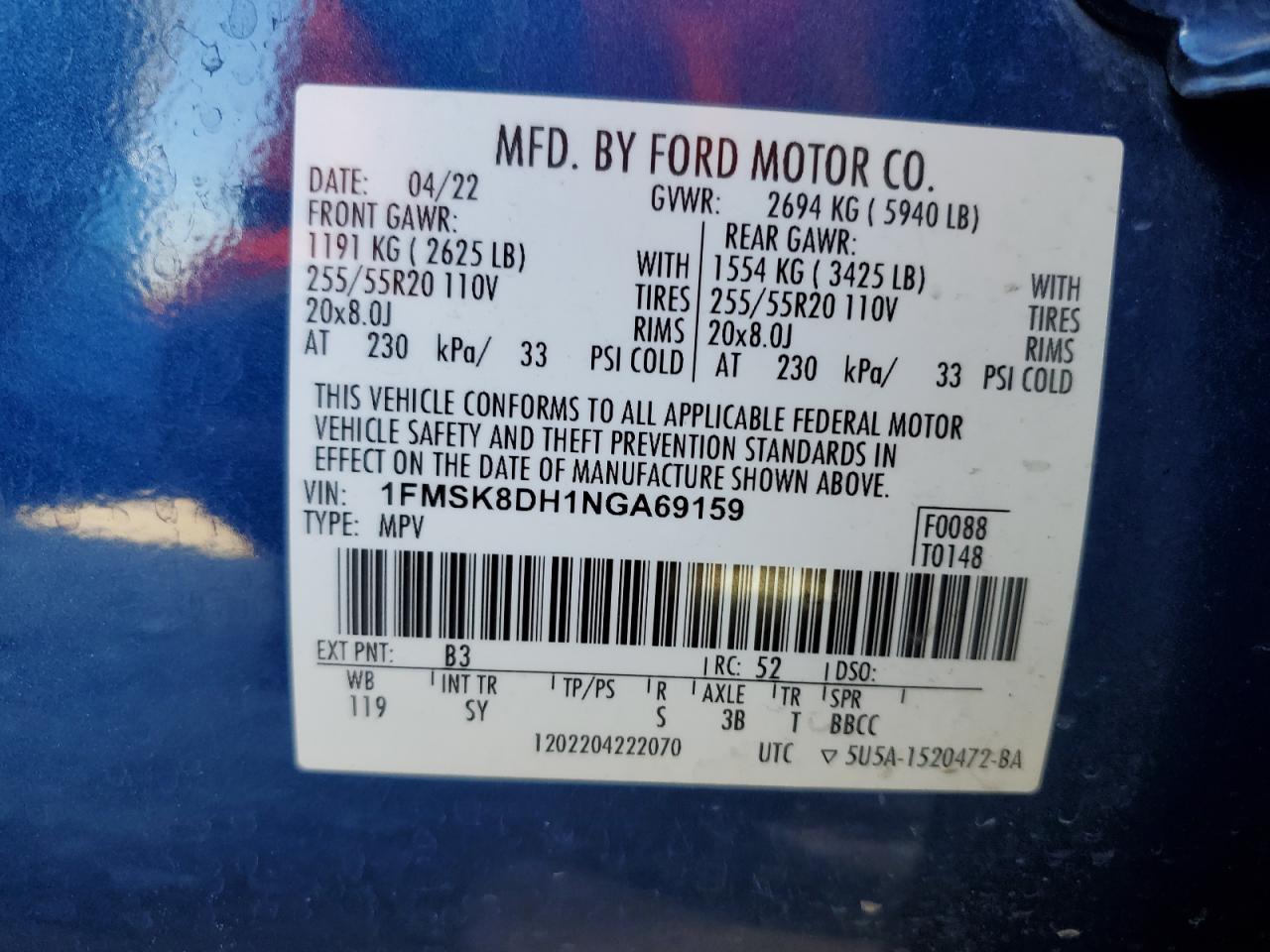 2022 Ford Explorer Xlt VIN: 1FMSK8DH1NGA69159 Lot: 91432615