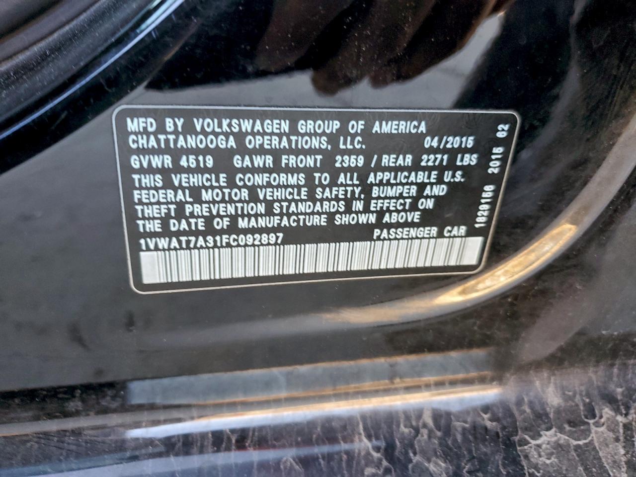 2015 Volkswagen Passat S VIN: 1VWAT7A31FC092897 Lot: 94449985