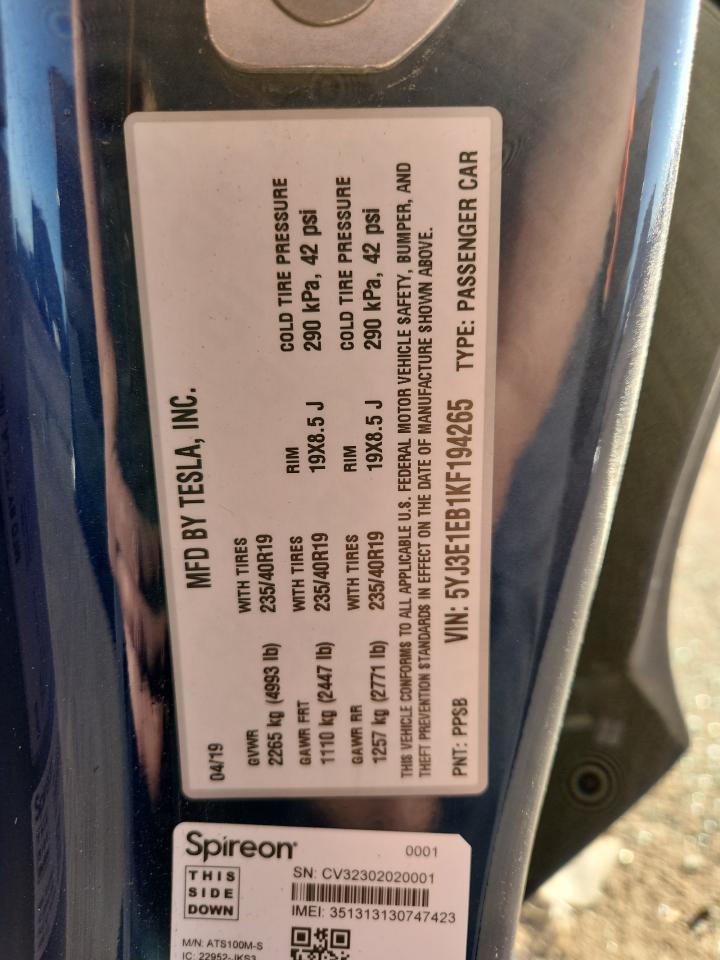 2019 Tesla Model 3 VIN: 5YJ3E1EB1KF194265 Lot: 91725525