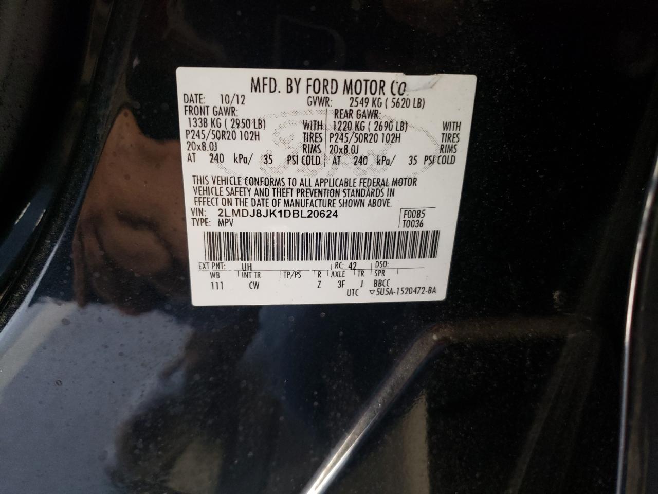 2013 Lincoln Mkx VIN: 2LMDJ8JK1DBL20624 Lot: 90813745