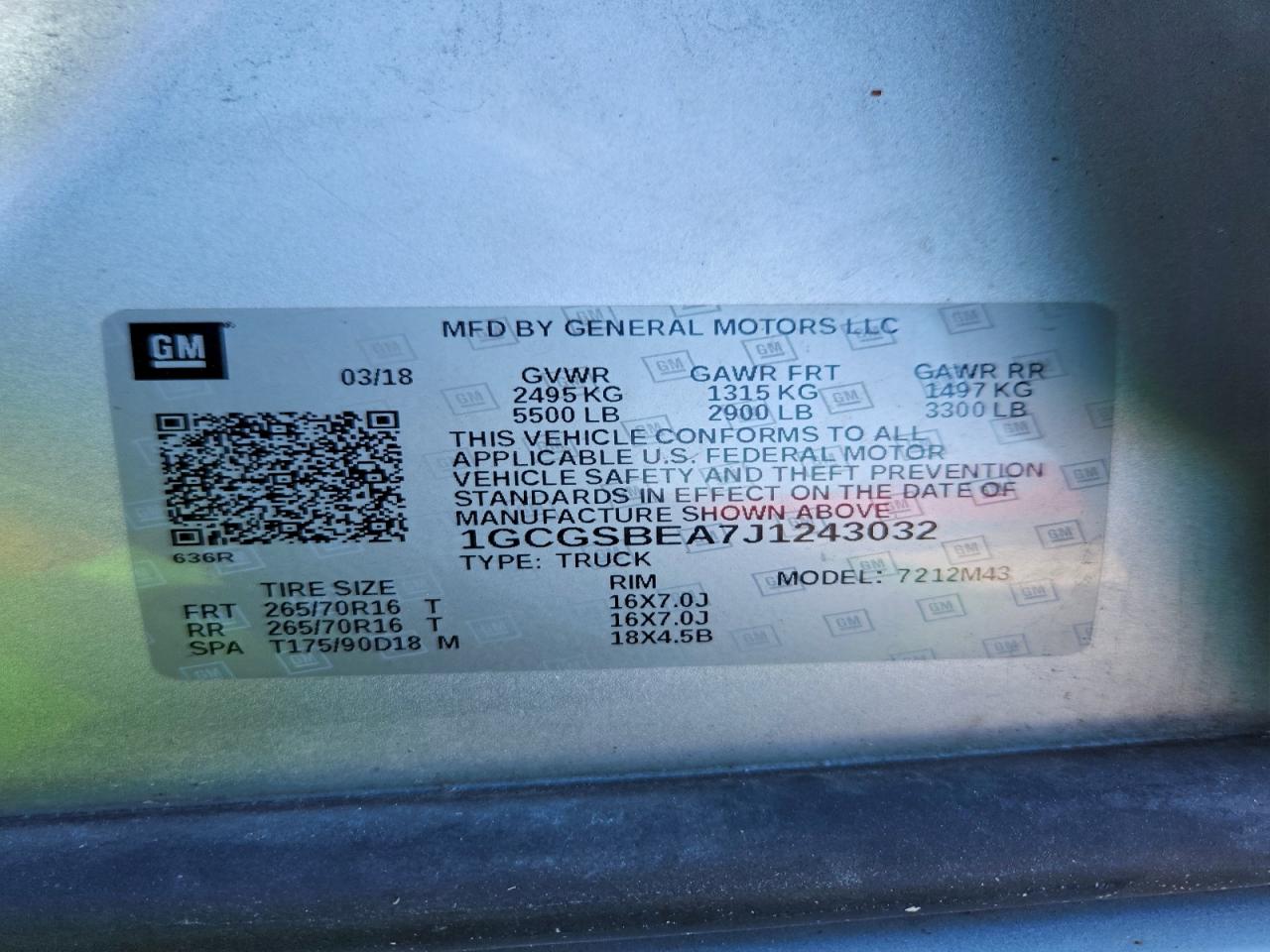 2018 Chevrolet Colorado VIN: 1GCGSBEA7J1243032 Lot: 93560605