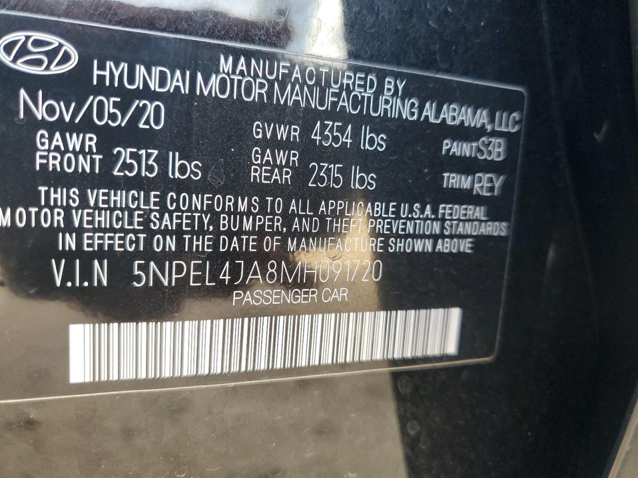 2021 Hyundai Sonata Sel VIN: 5NPEL4JA8MH091720 Lot: 93687335