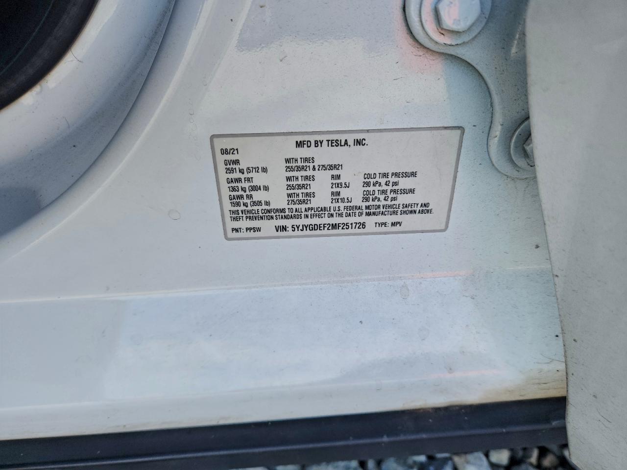 2021 Tesla Model Y VIN: 5YJYGDEF2MF251726 Lot: 93816915