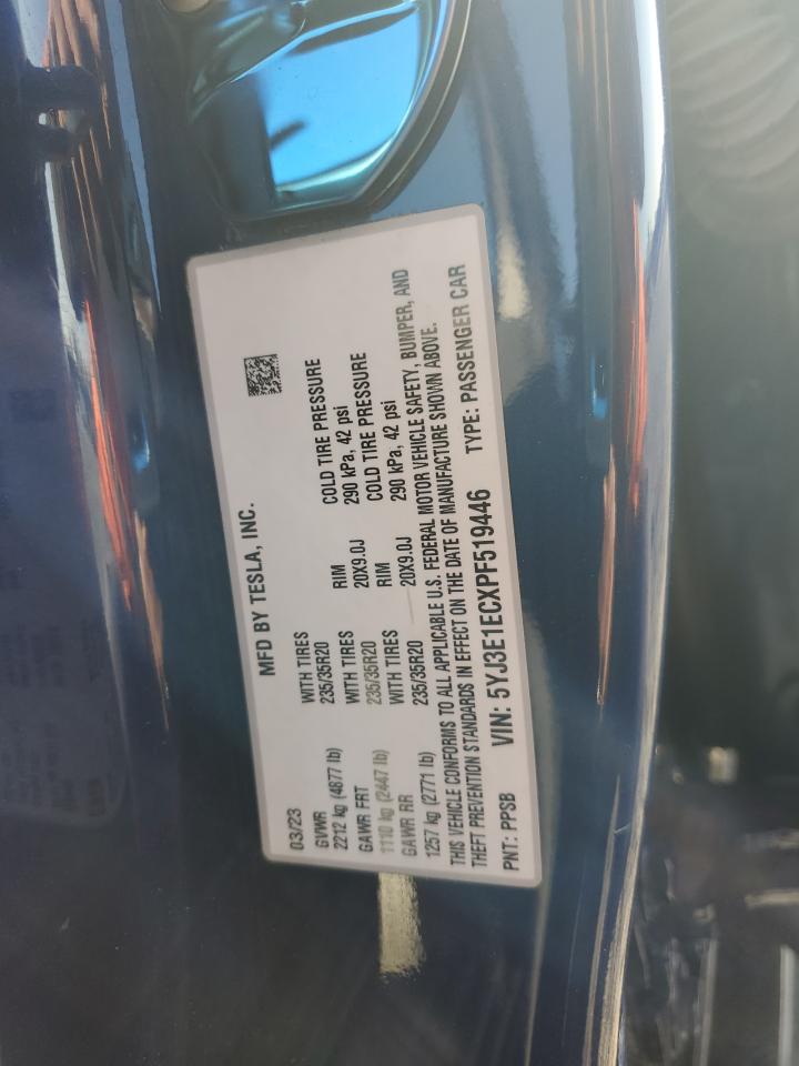 2023 Tesla Model 3 VIN: 5YJ3E1ECXPF519446 Lot: 93687345