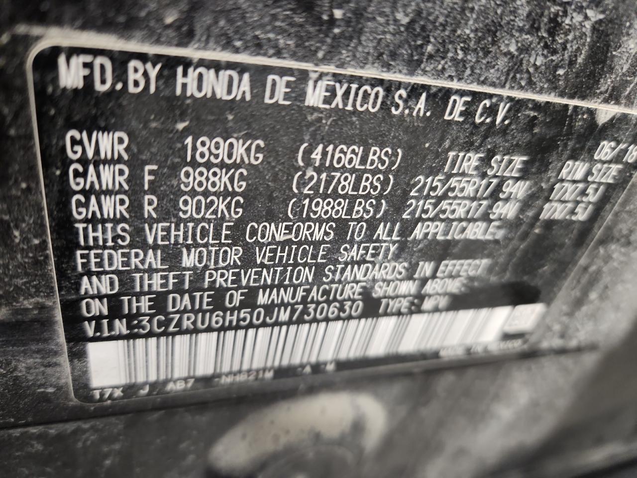 2018 Honda Hr-V Ex VIN: 3CZRU6H50JM730630 Lot: 91446905