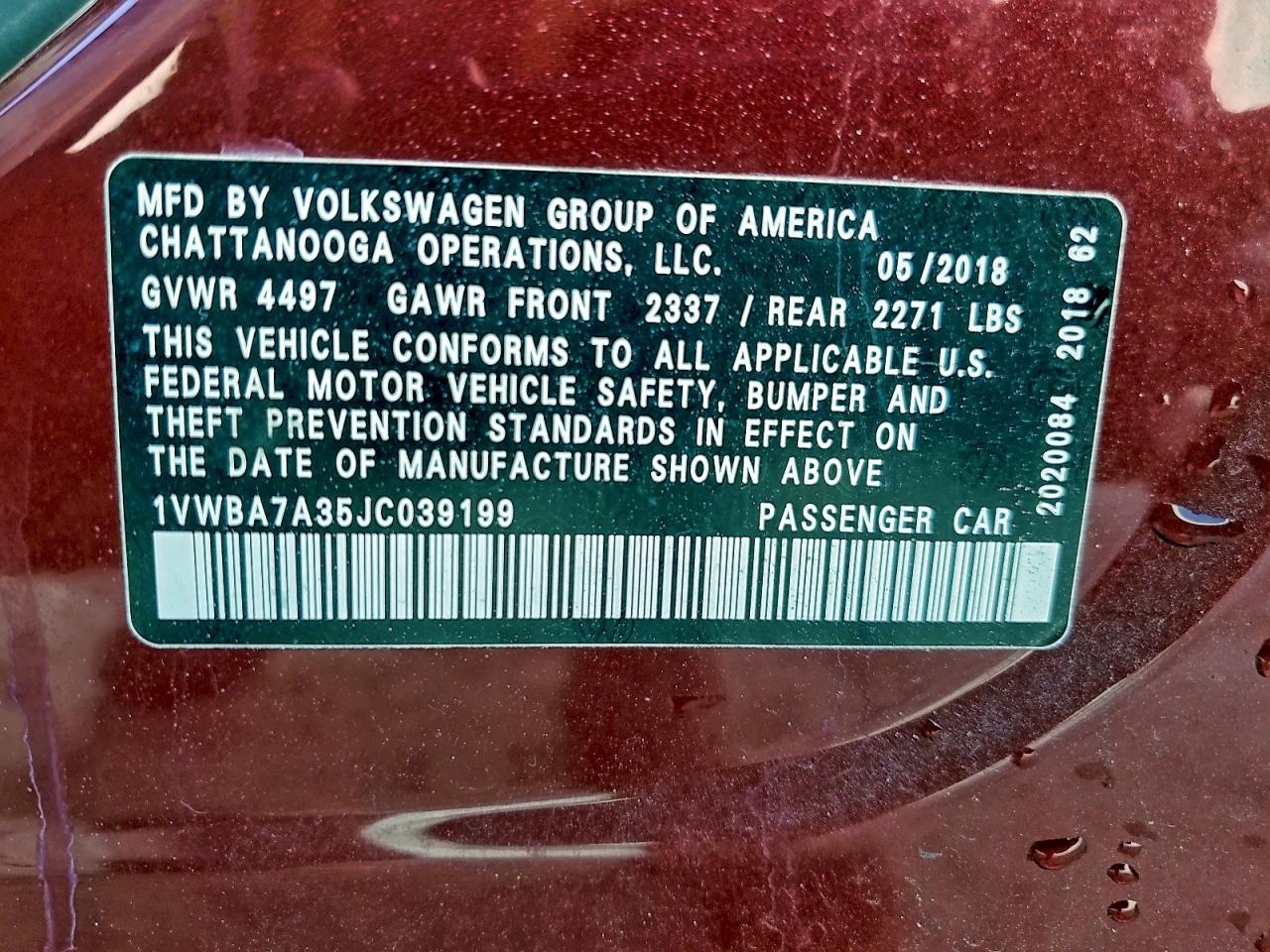 2018 Volkswagen Passat Se VIN: 1VWBA7A35JC039199 Lot: 92222405