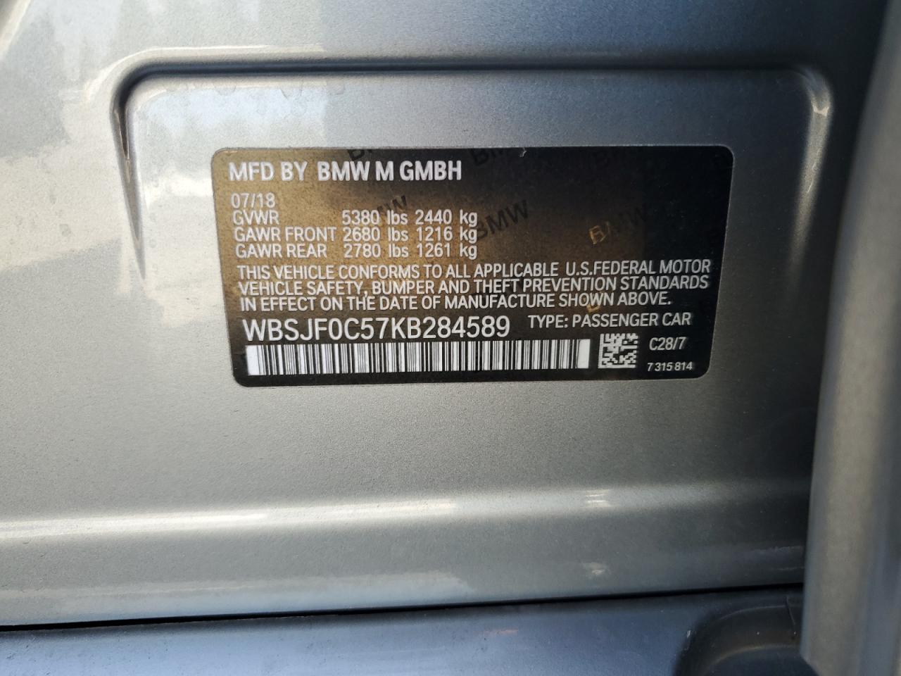 2019 BMW M5 VIN: WBSJF0C57KB284589 Lot: 91045495