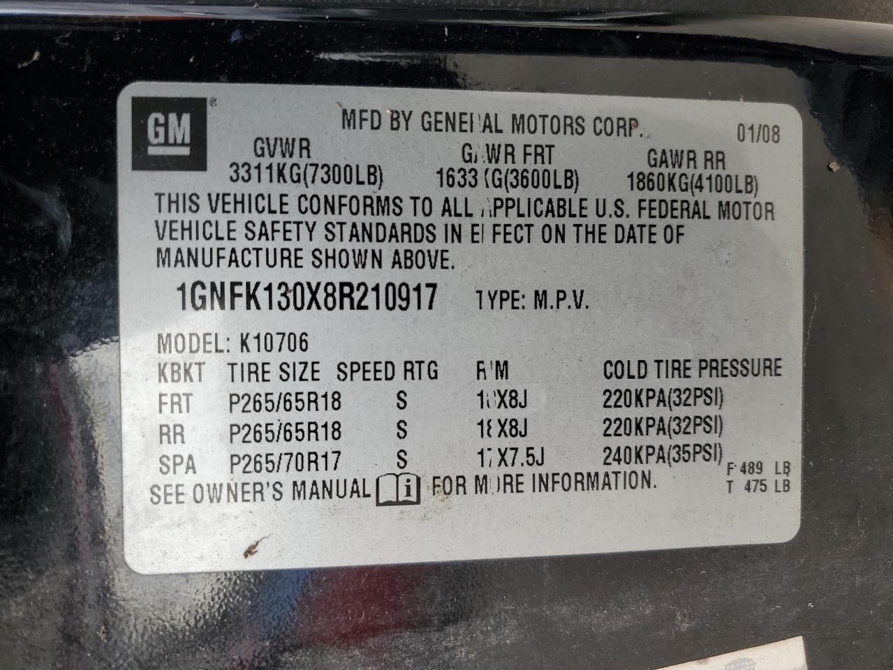 2008 Chevrolet Tahoe K1500 VIN: 1GNFK130X8R210917 Lot: 92678205