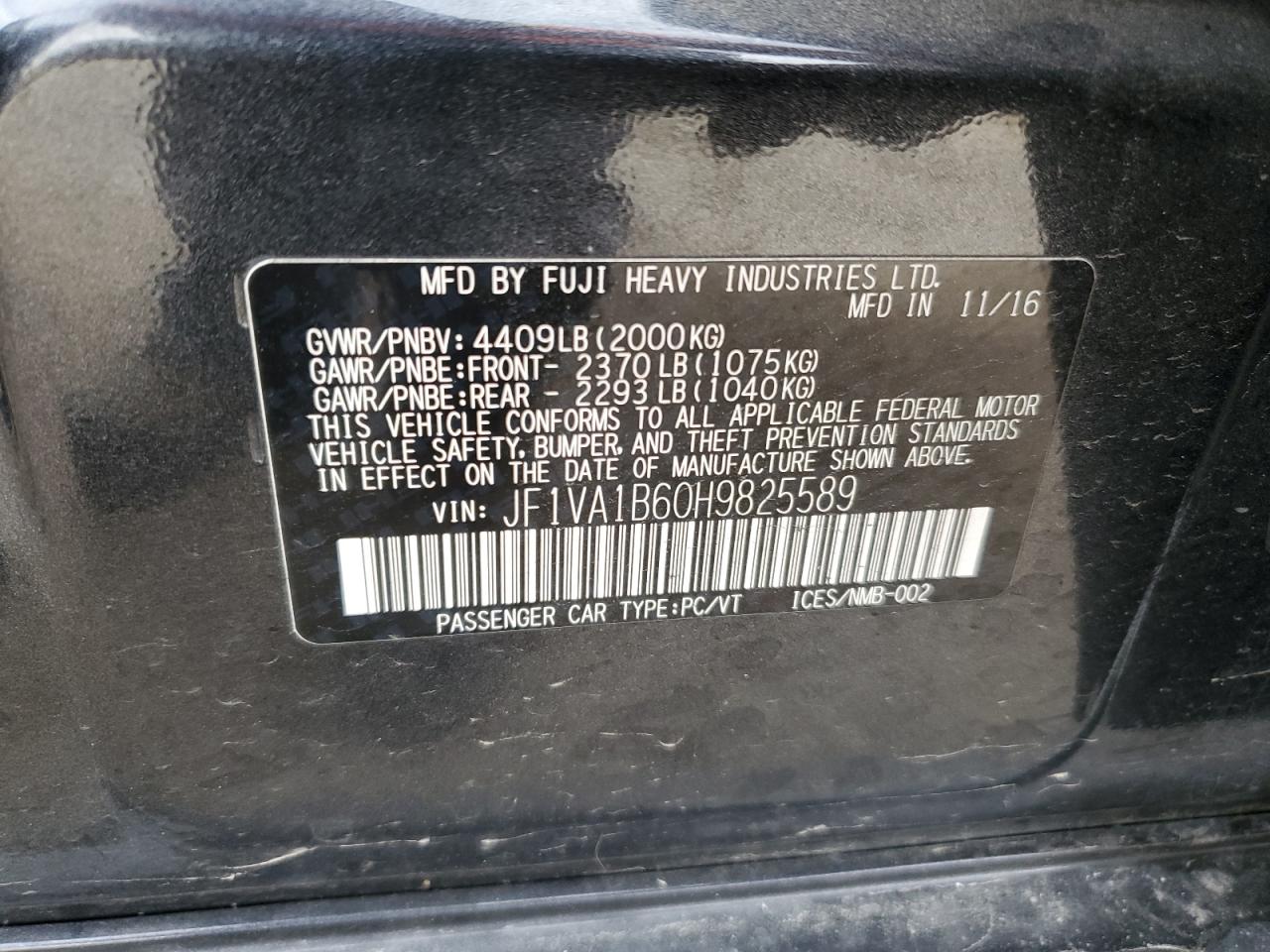 2017 Subaru Wrx VIN: JF1VA1B60H9825589 Lot: 92855935