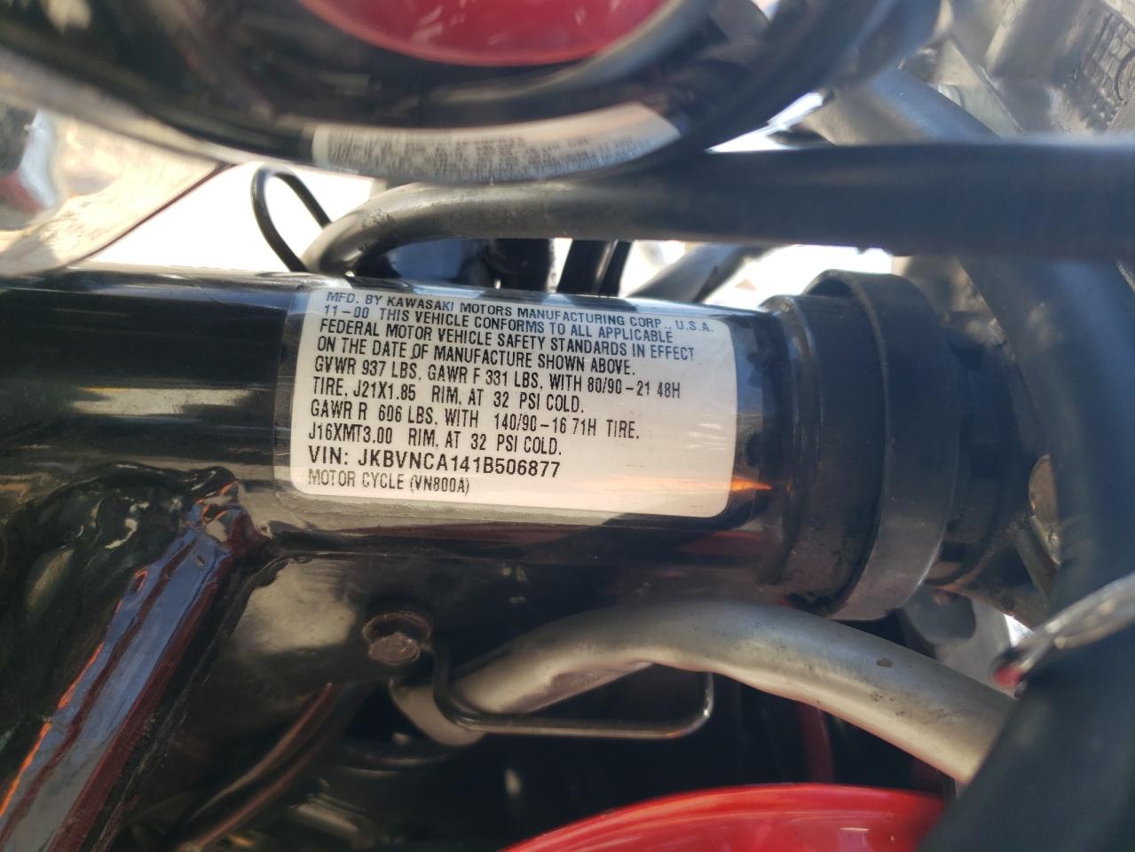 2001 Kawasaki Vn800 VIN: JKBVNCA141B506877 Lot: 91292905