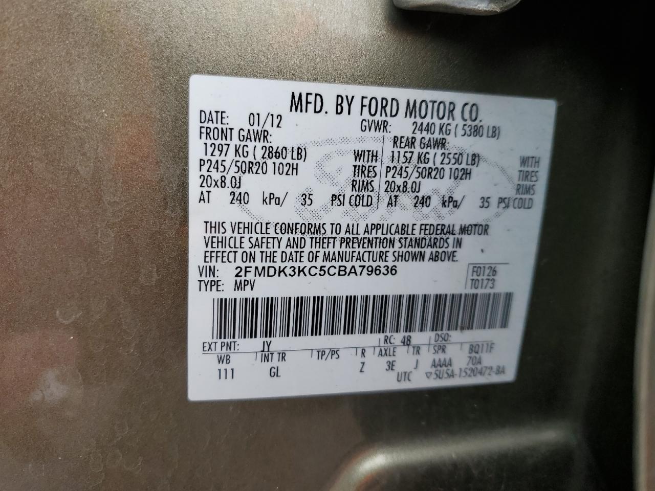 2012 Ford Edge Limited VIN: 2FMDK3KC5CBA79636 Lot: 91459635