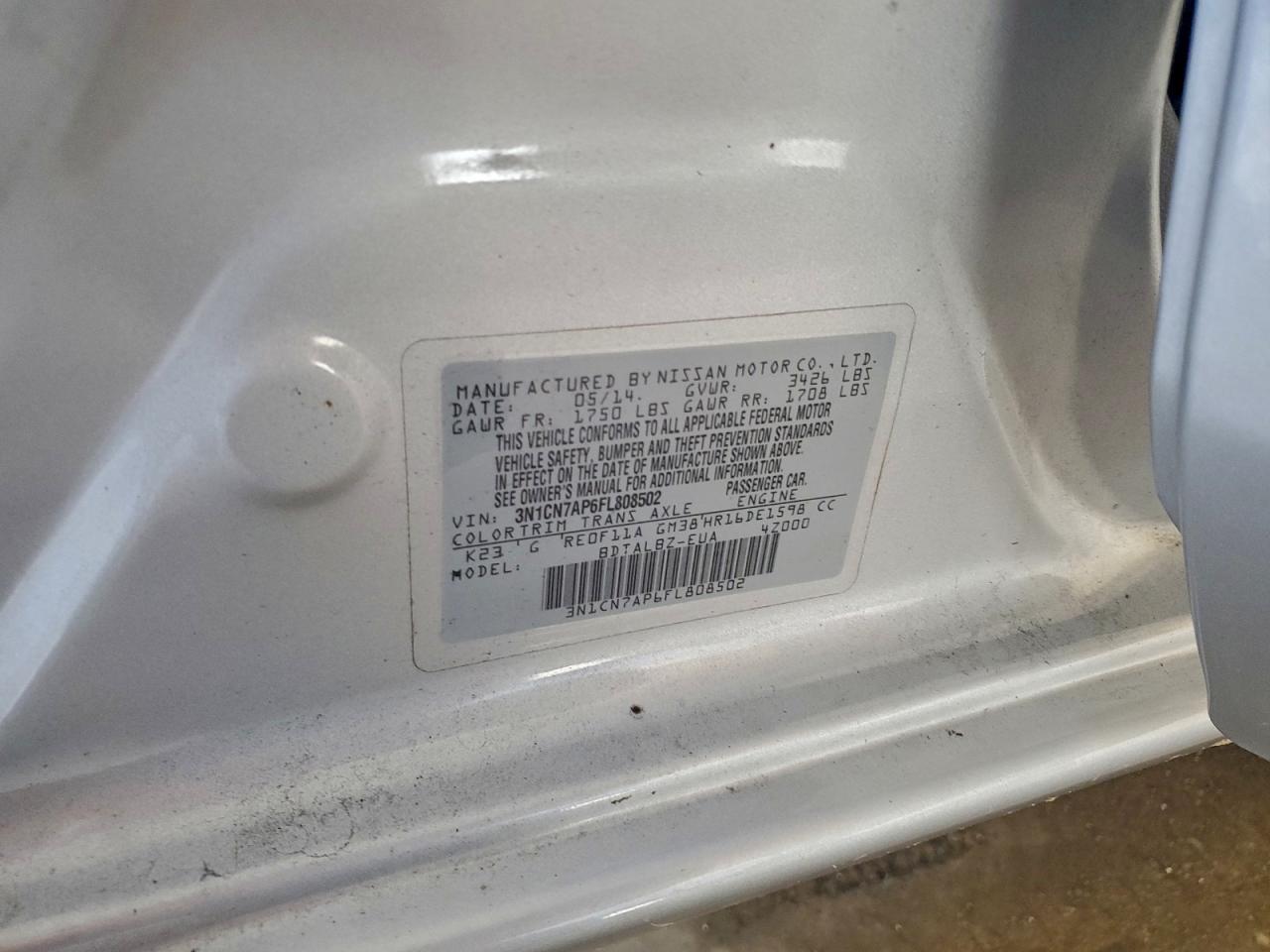 2015 Nissan Versa S VIN: 3N1CN7AP6FL808502 Lot: 94317225