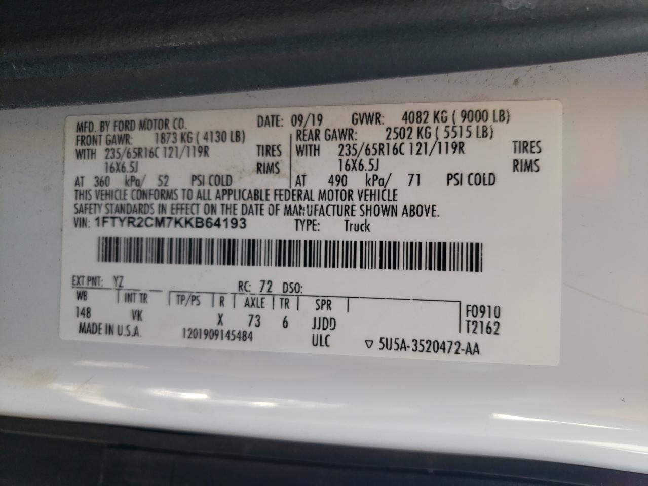 2019 Ford Transit Delivery Van VIN: 1FTYR2CM7KKB64193 Lot: 92301635