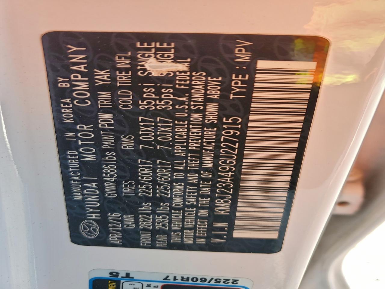 2016 Hyundai Tucson Se VIN: KM8J23A49GU227915 Lot: 94365395