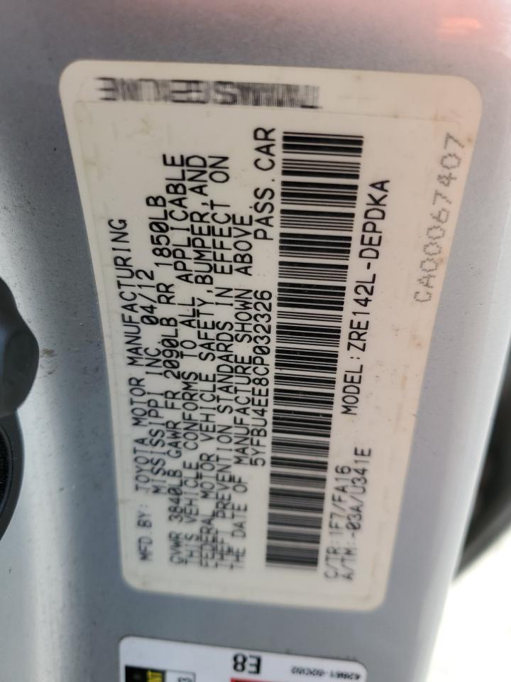 2012 Toyota Corolla Base VIN: 5YFBU4EE8CP032326 Lot: 93290725