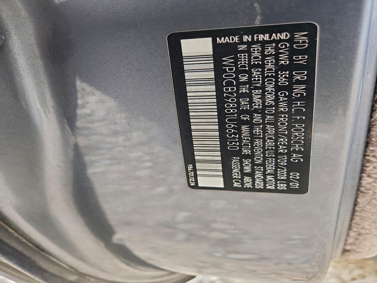 2001 Porsche Boxster S VIN: WP0CB29881U663130 Lot: 93699555