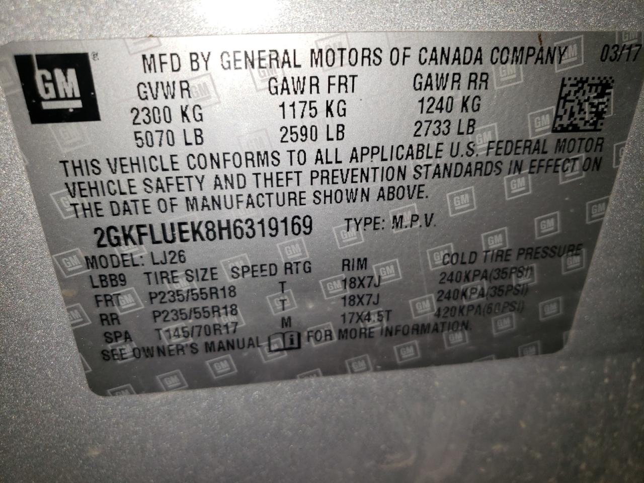 2017 GMC Terrain Slt VIN: 2GKFLUEK8H6319169 Lot: 91932885