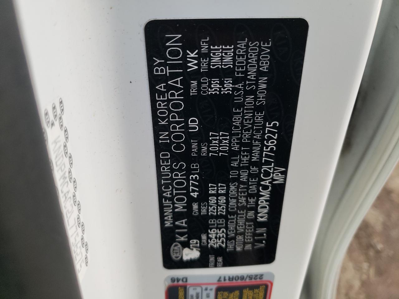 2020 Kia Sportage Lx VIN: KNDPMCAC2L7756275 Lot: 93744825