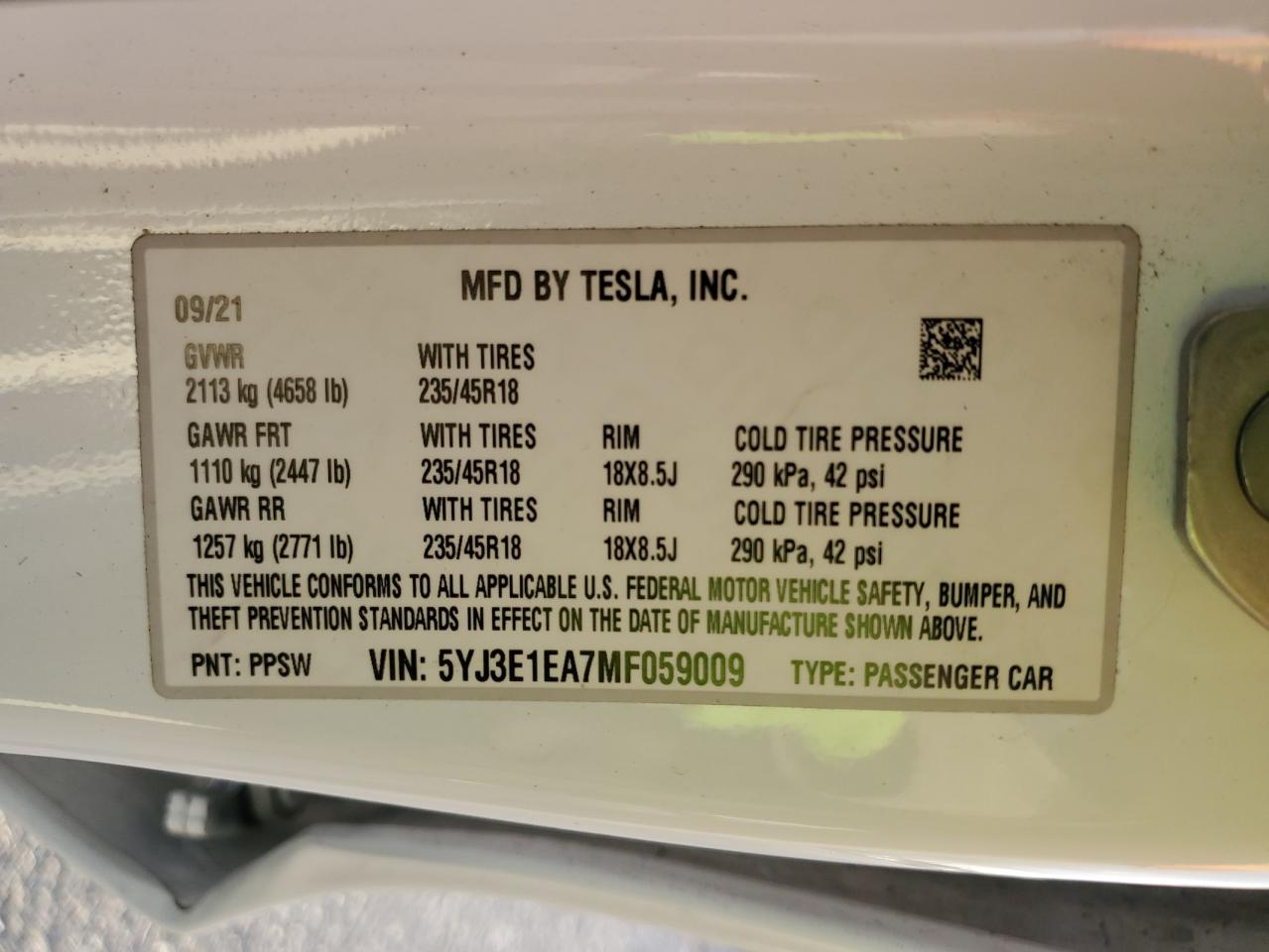 2021 Tesla Model 3 VIN: 5YJ3E1EA7MF059009 Lot: 93510975