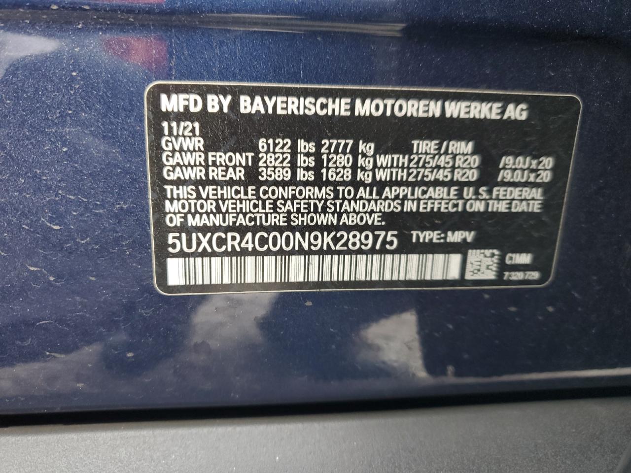 2022 BMW X5 Sdrive 40I VIN: 5UXCR4C00N9K28975 Lot: 92324175