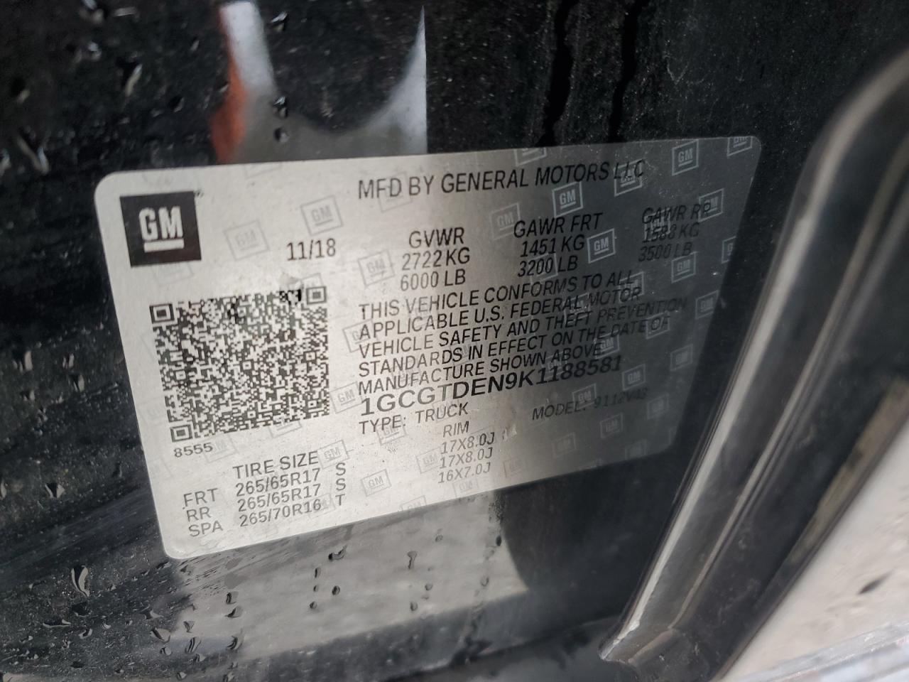 2019 Chevrolet Colorado Z71 VIN: 1GCGTDEN9K1188581 Lot: 92027355