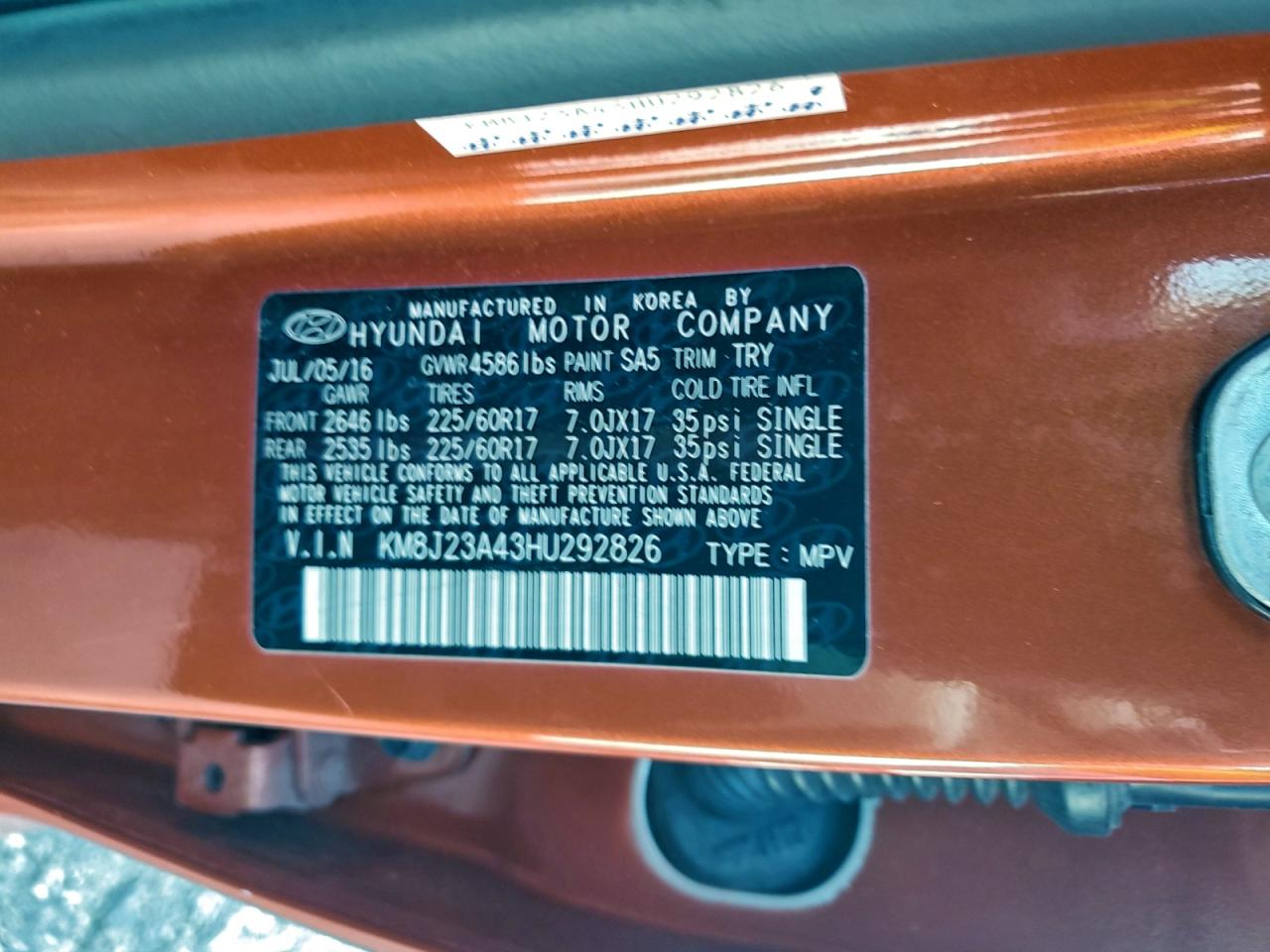 2017 Hyundai Tucson Se VIN: KM8J23A43HU292826 Lot: 93952145