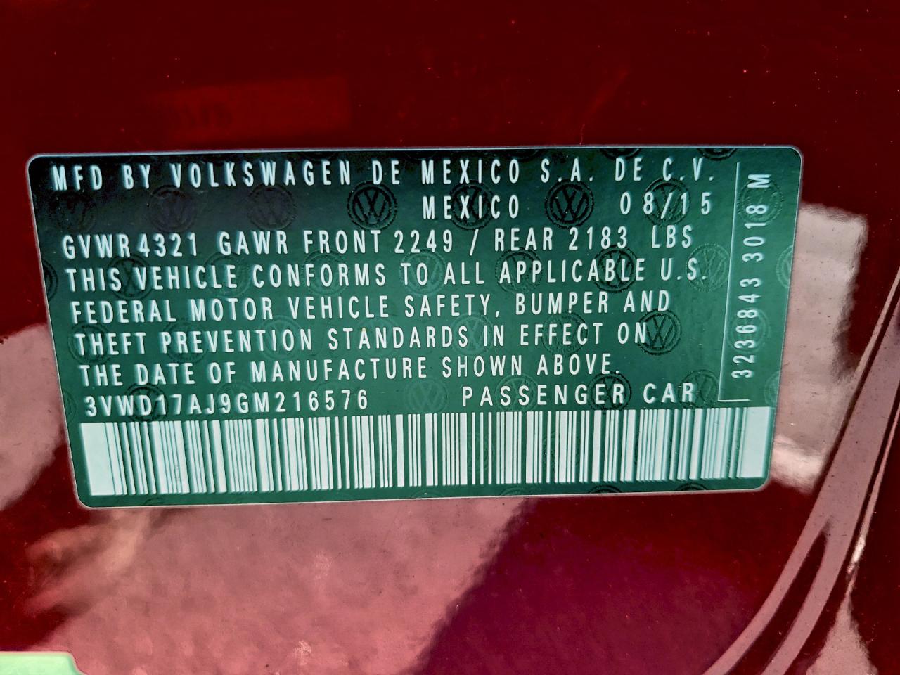 2016 Volkswagen Jetta Sport VIN: 3VWD17AJ9GM216576 Lot: 92762035